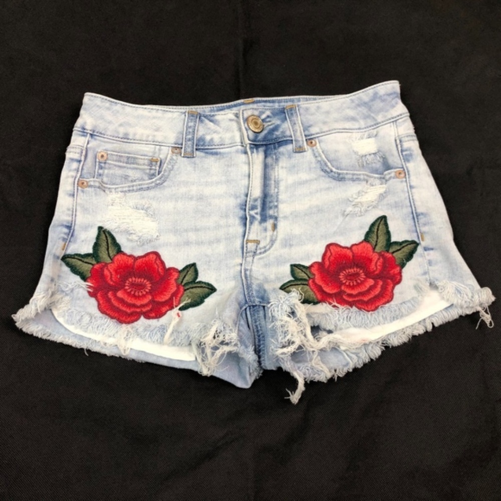 AEO American Eagle Outfitters Cut-off Cheeky Denim Embroidered Rose Shorts